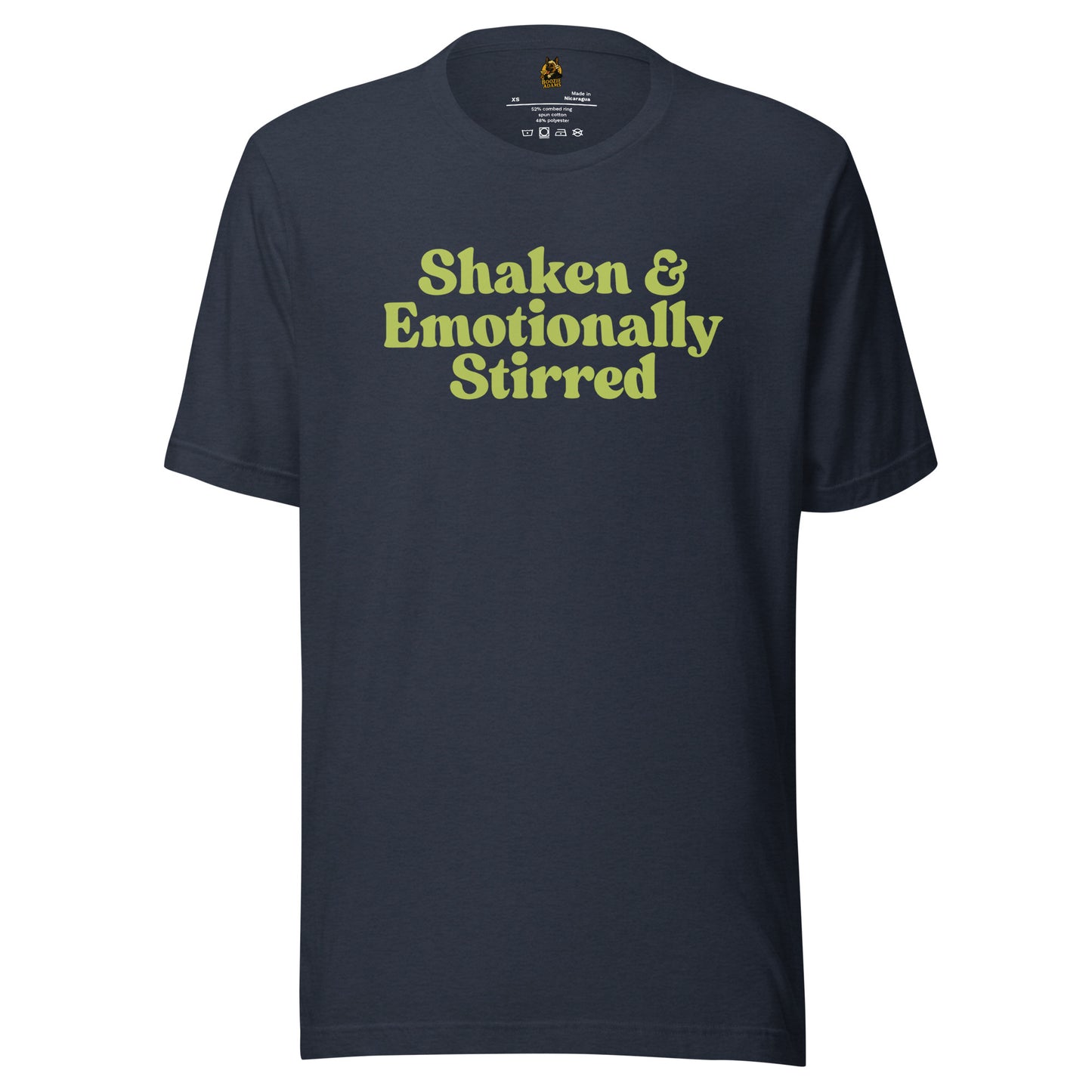 Navy unisex t-shirt with green  text 'Shaken & Emotionally Stirred' – Boozie Adams