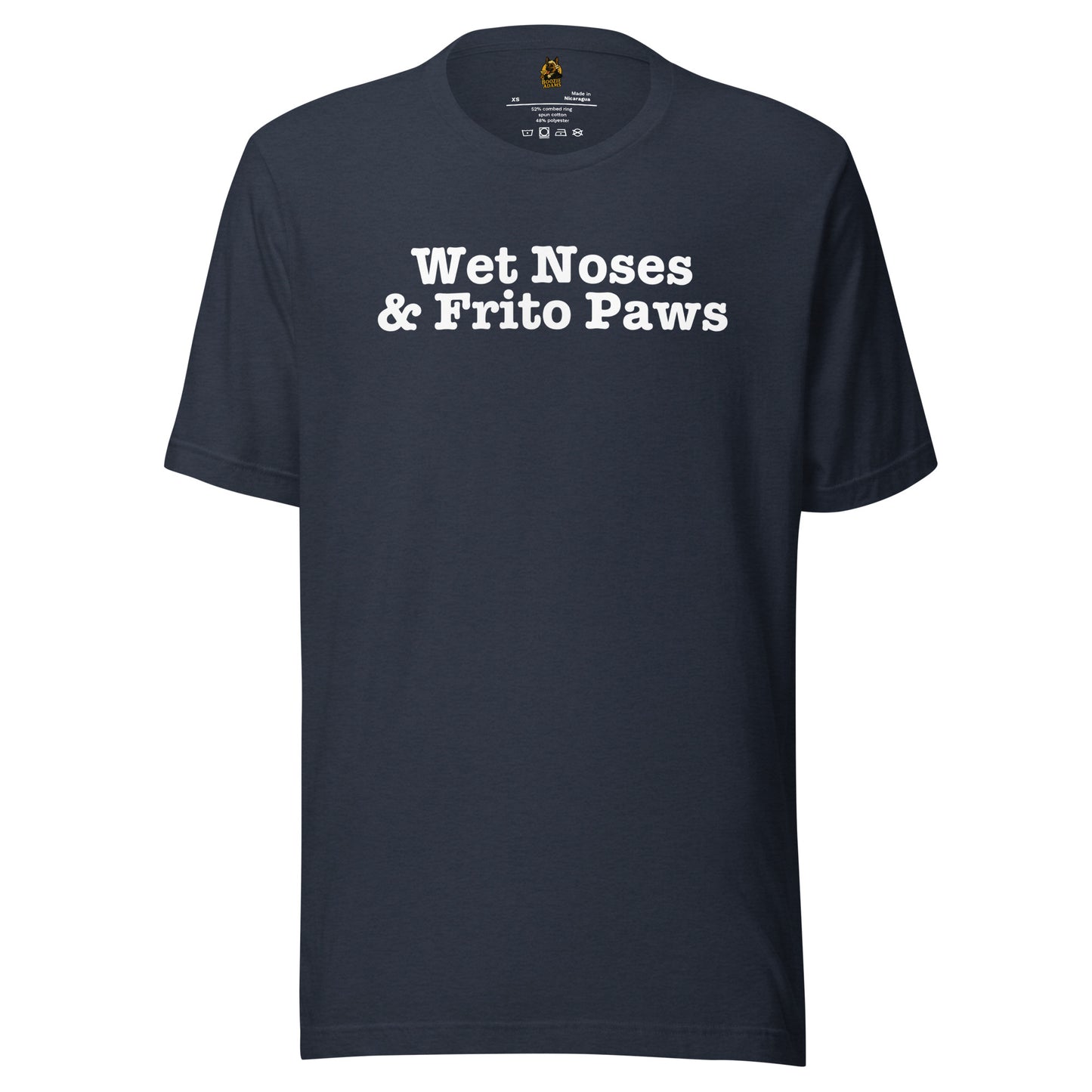 Heather navy unisex t-shirt with 'Wet Noses & Frito Paws' text – Boozie Adams