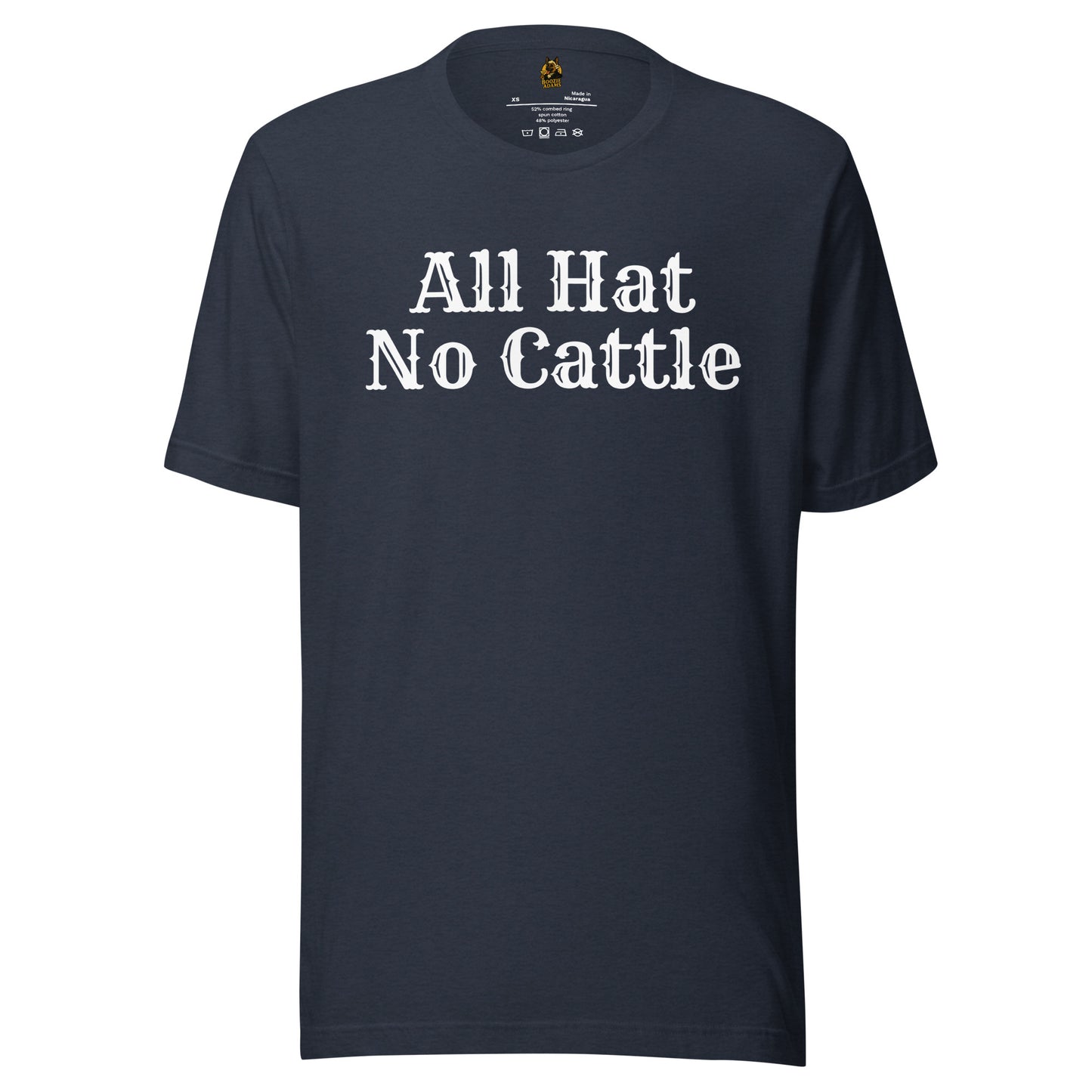 Heather navy unisex t-shirt with 'All Hat No Cattle' text – Boozie Adams