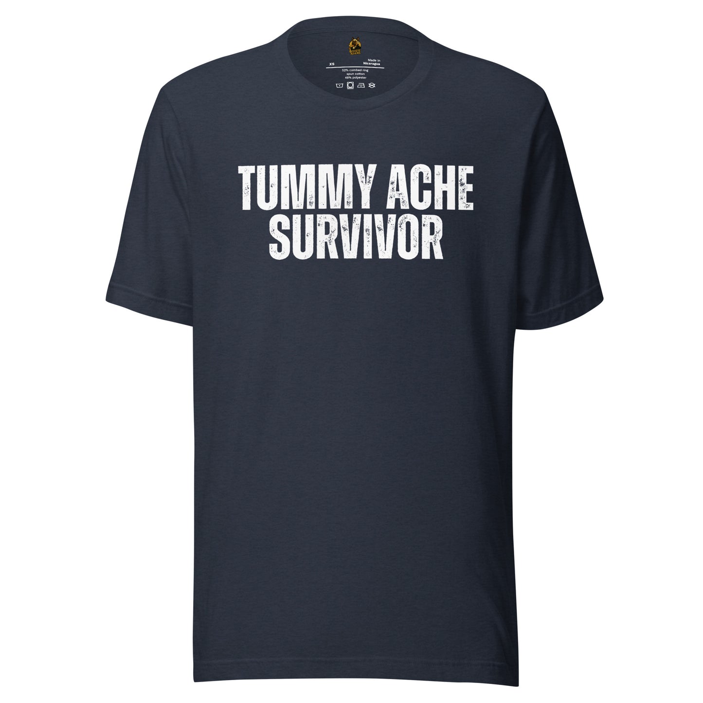 Heather navy unisex t-shirt with 'TUMMY ACHE SURVIVOR' text – Boozie Adams