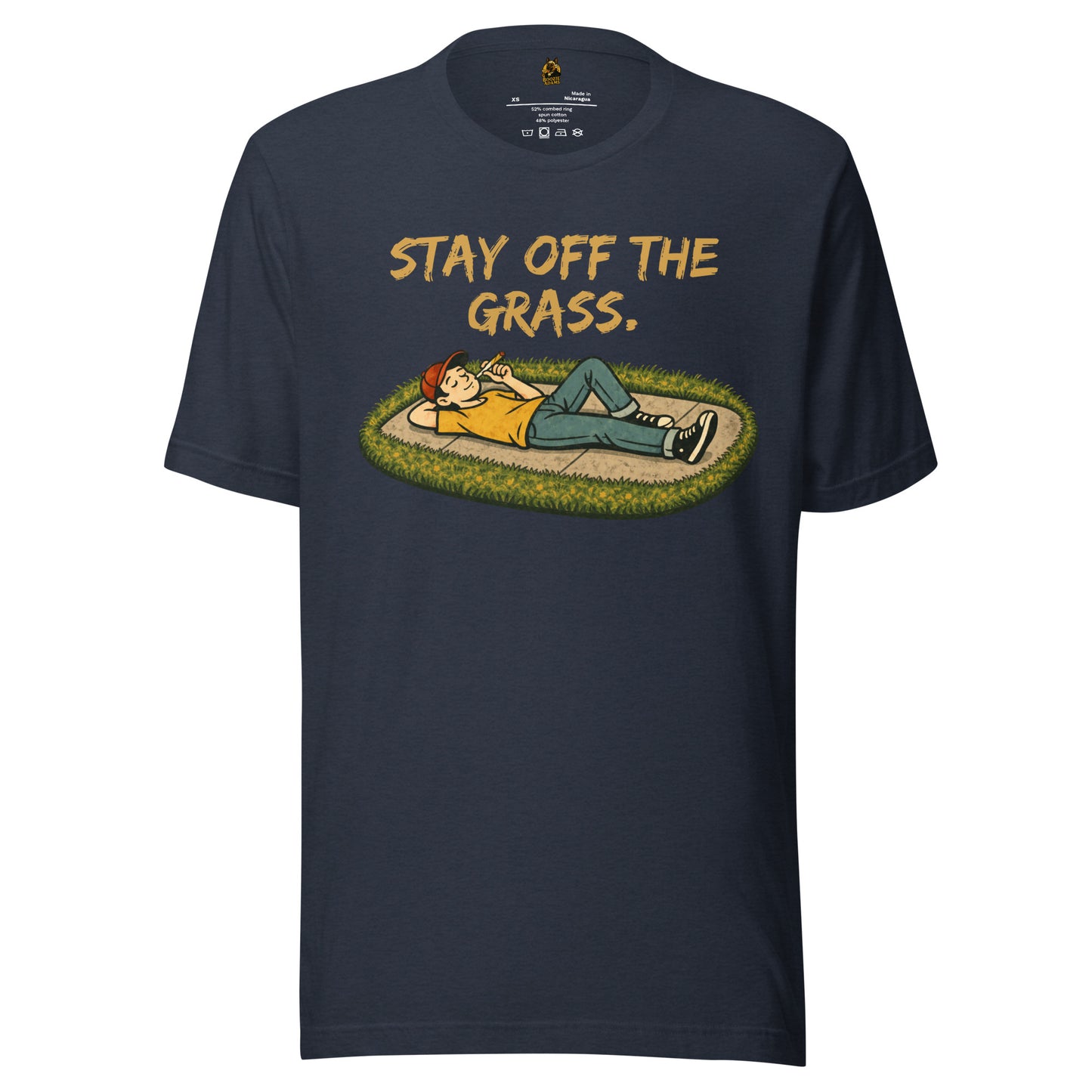 Heather navy unisex t-shirt with graphic of person lying on sidewalk smoking a joint and text 'Stay off the grass' – Boozie Adams