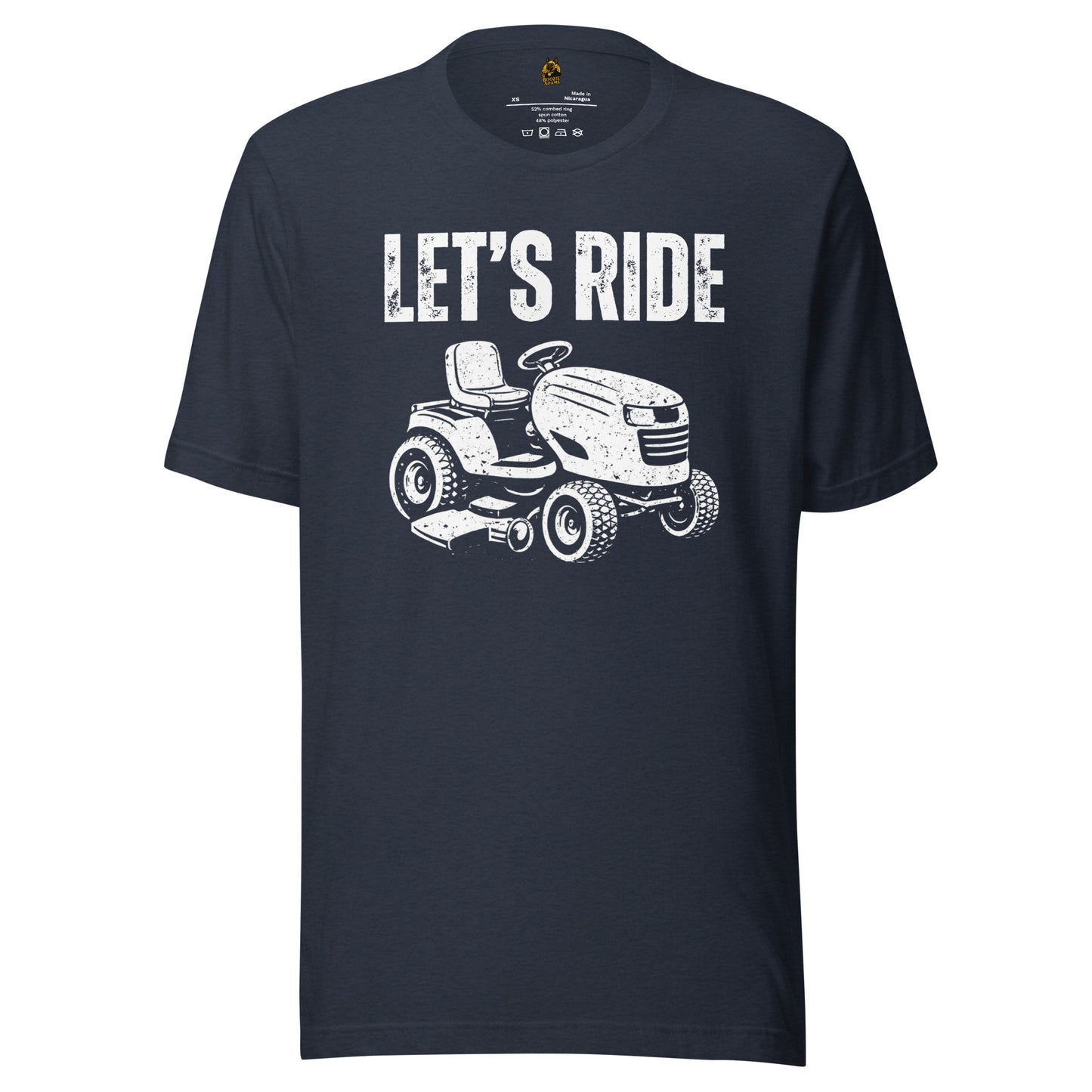 Navy unisex t-shirt with white graphic of a riding lawn mower and 'Let's Ride' text – Boozie Adams