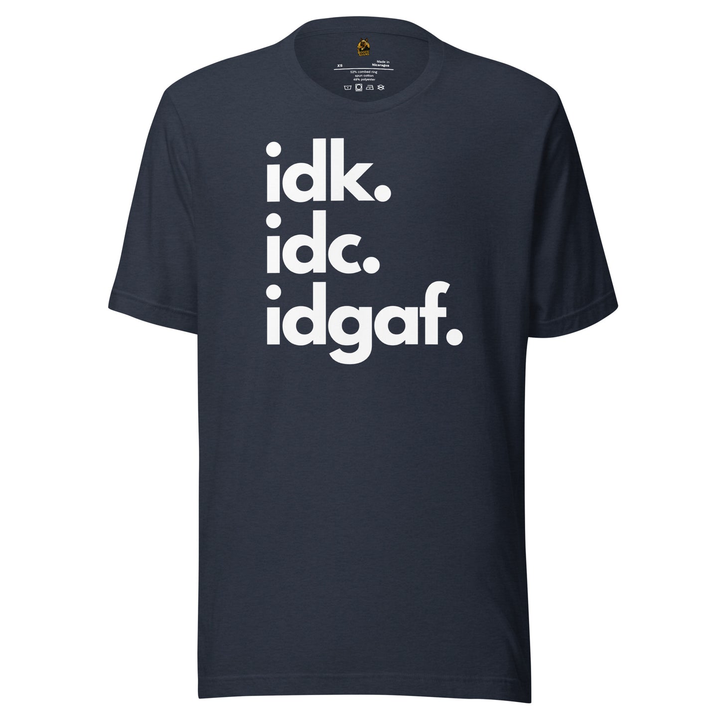 Heather navy unisex t-shirt with 'idk. idc. idgaf.' text – Boozie Adams 