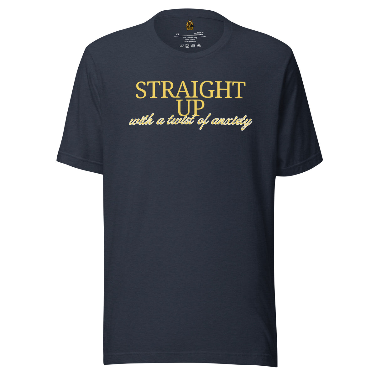 Heather navy unisex t-shirt with 'Straight up with a twist of anxiety' text – Boozie Adams
