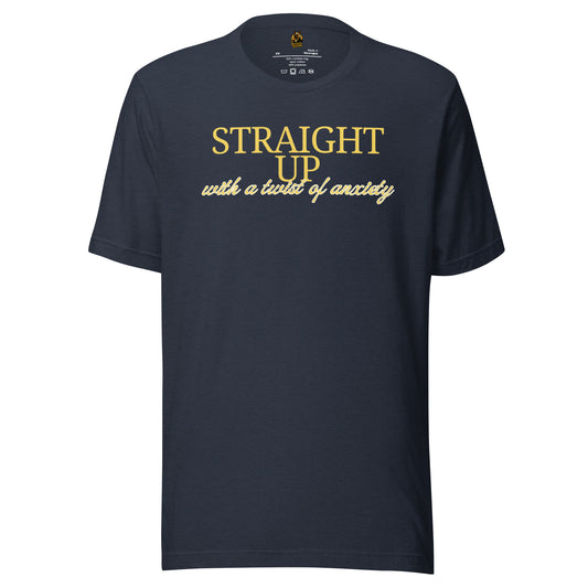 Heather navy unisex t-shirt with 'Straight up with a twist of anxiety' text – Boozie Adams