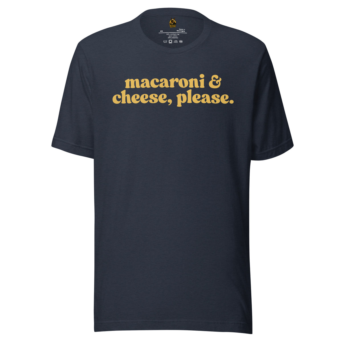 Navy blue unisex t-shirt with 'macaroni & cheese, please.' text in yellow – Boozie Adams