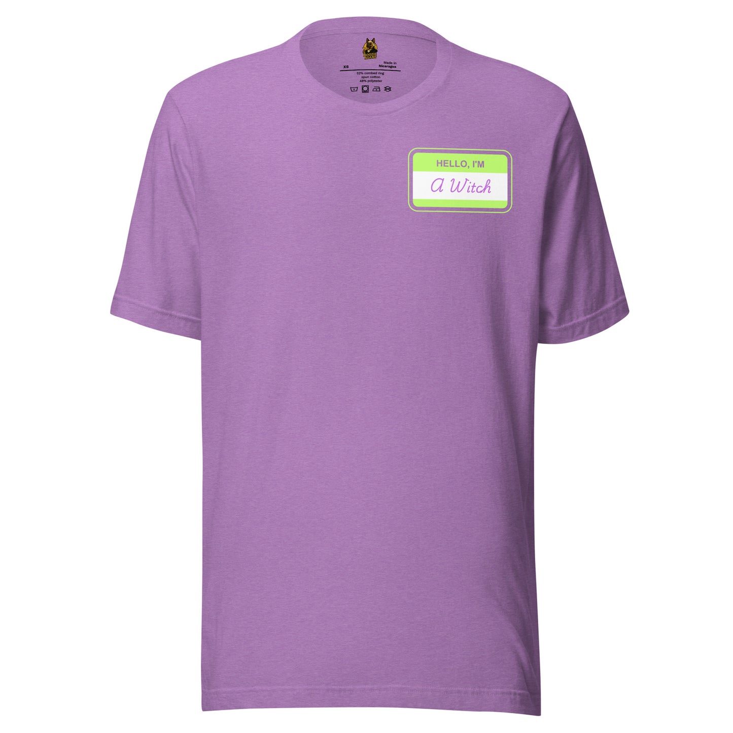 Purple unisex t-shirt with a green name tag graphic with text 'Hello I'm A Witch' – Boozie Adams