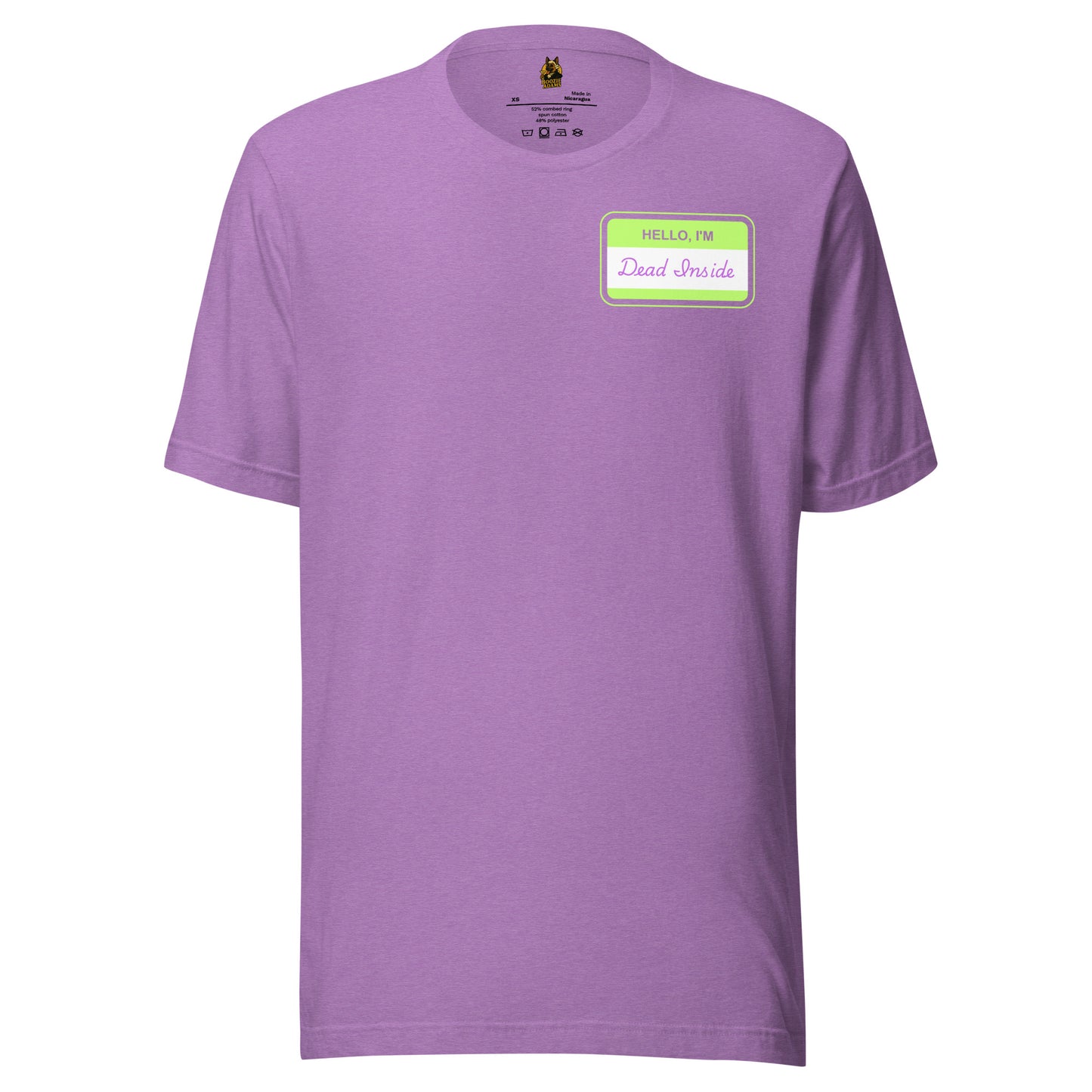 Purple unisex t-shirt with a green label with 'Hello, I'm Dead Inside' text – Boozie Adams