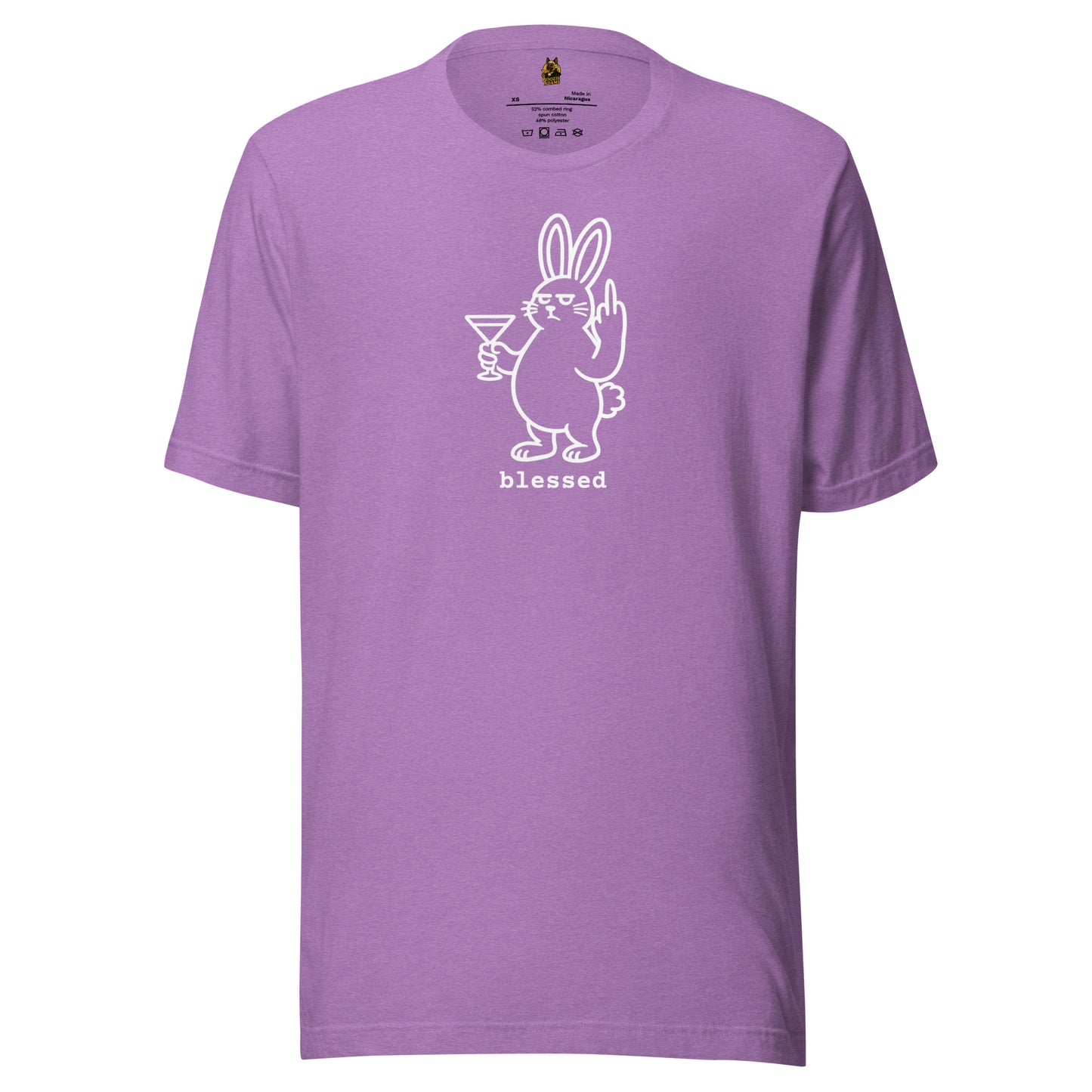 Purple unisex t-shirt with a white graphic of a rabbit holding a martini glass and flipping the bird with text 'blessed' – Boozie Adams