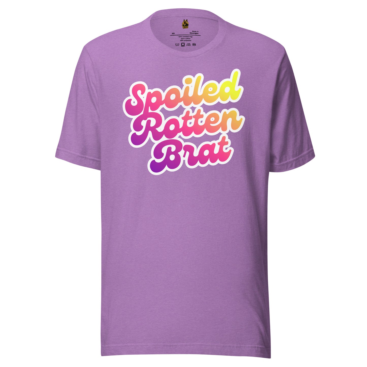 Heather team purple unisex t-shirt with colorful 'Spoiled Rotten Brat' text – Boozie Adams