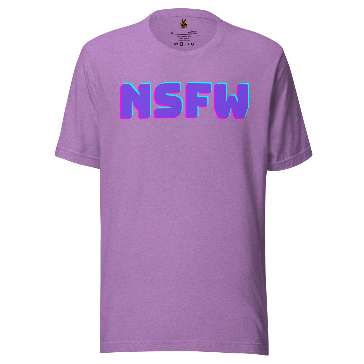 Heather purple unisex t-shirt with 'NSFW' in colorful letters – Boozie Adams