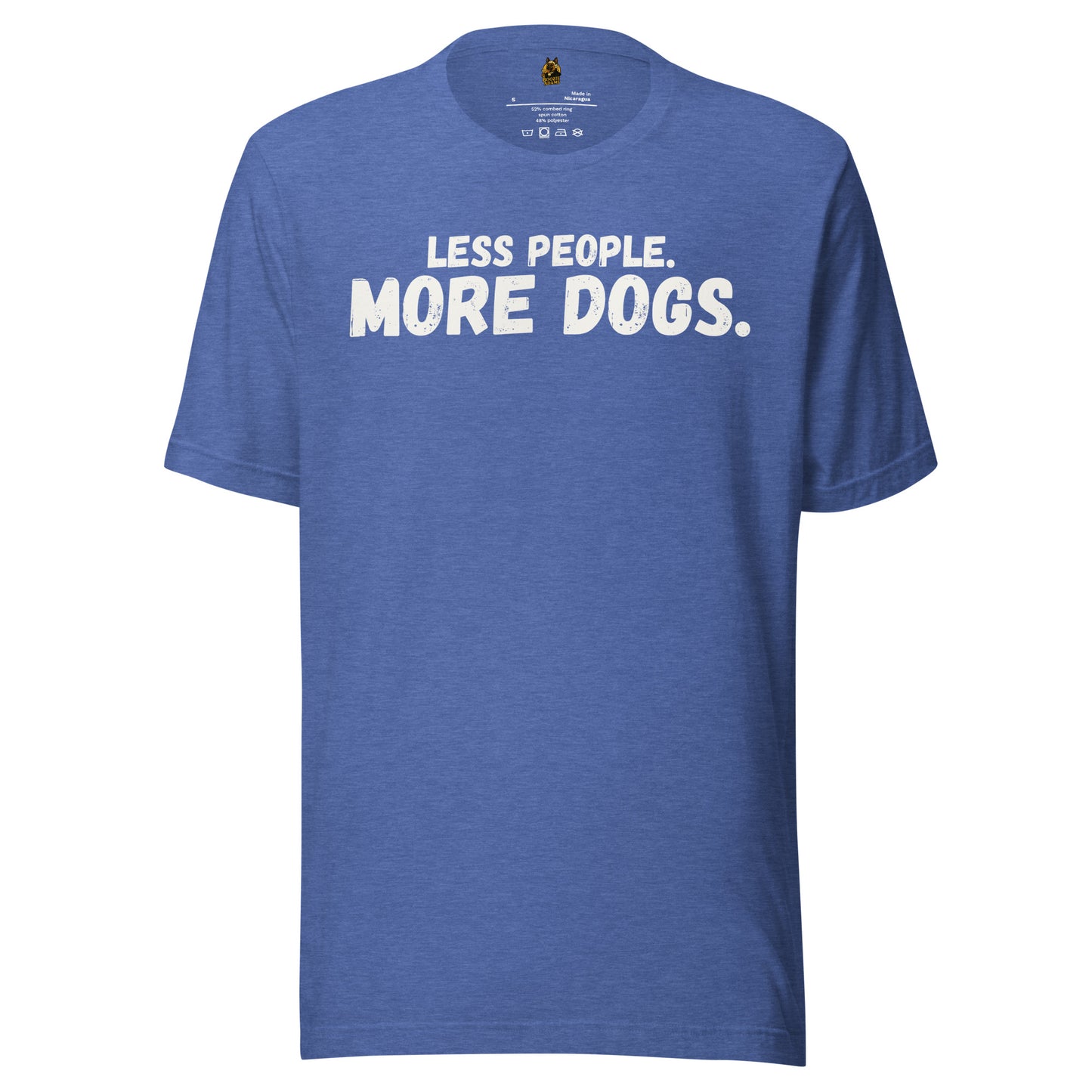 Heather blue unisex t-shirt with text 'LESS PEOPLE. MORE DOGS.' – Boozie Adams
