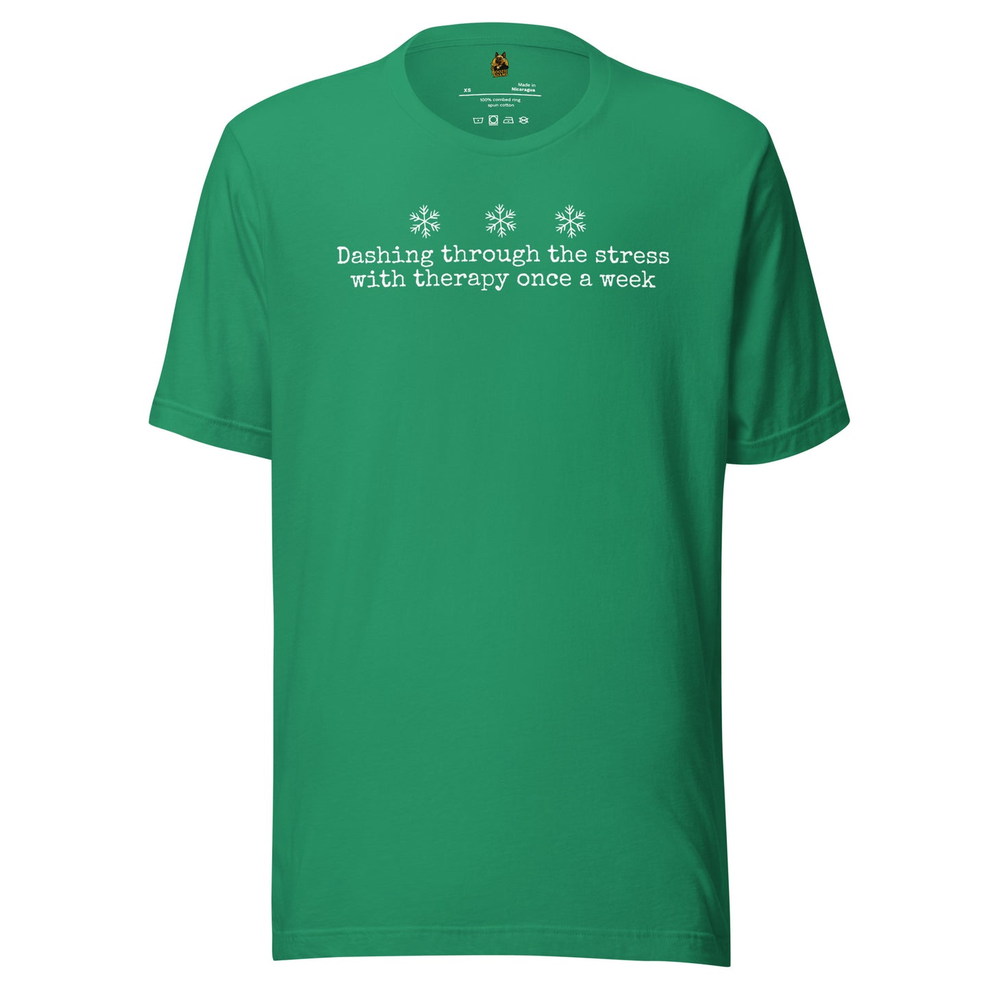 Kelly green unisex t-shirt with white 'Dashing through the stress with therapy once a week' text and snowflake graphics in white – Boozie Adams