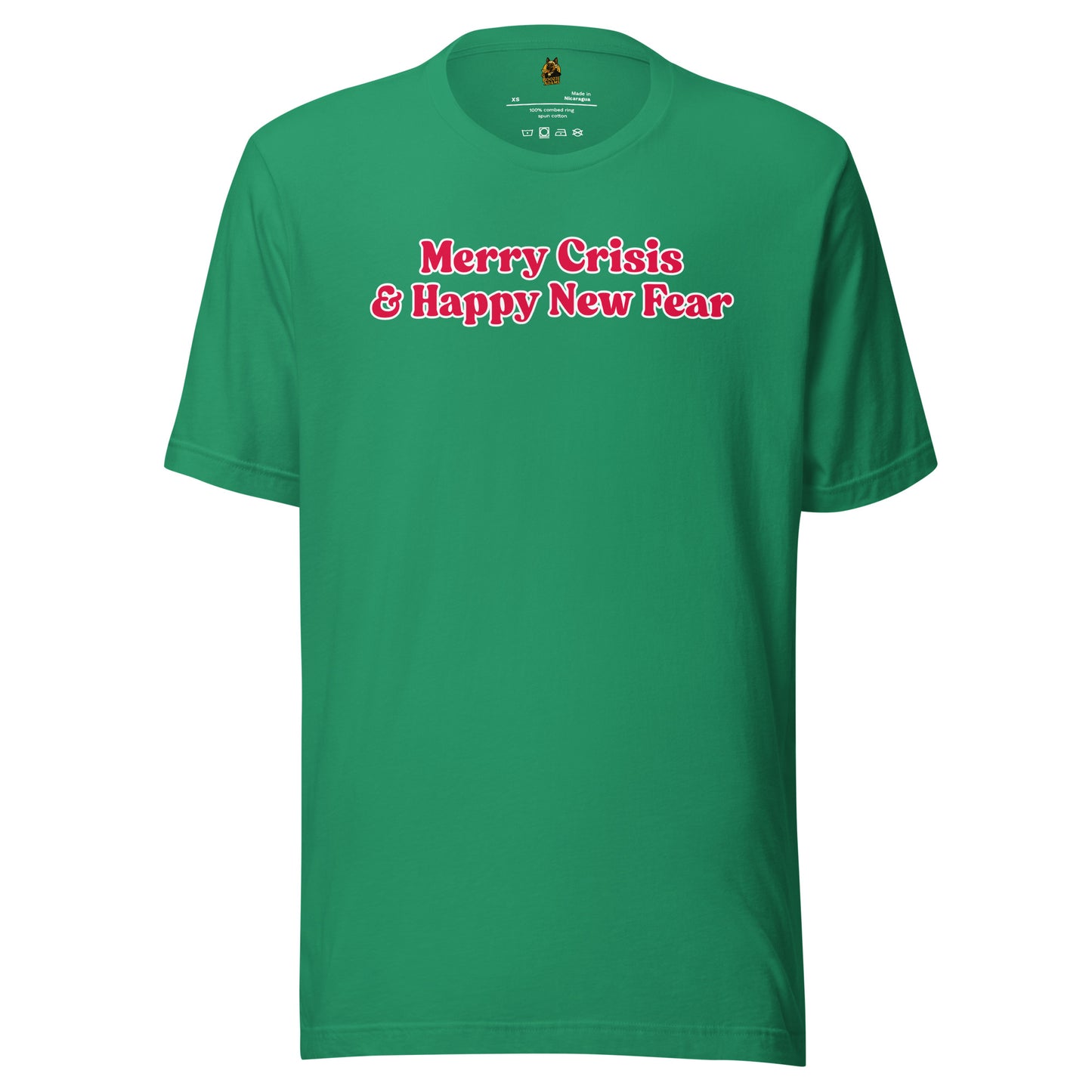 Kelly Green unisex t-shirt with red text 'Merry Crisis & Happy New Fear' – Boozie Adams