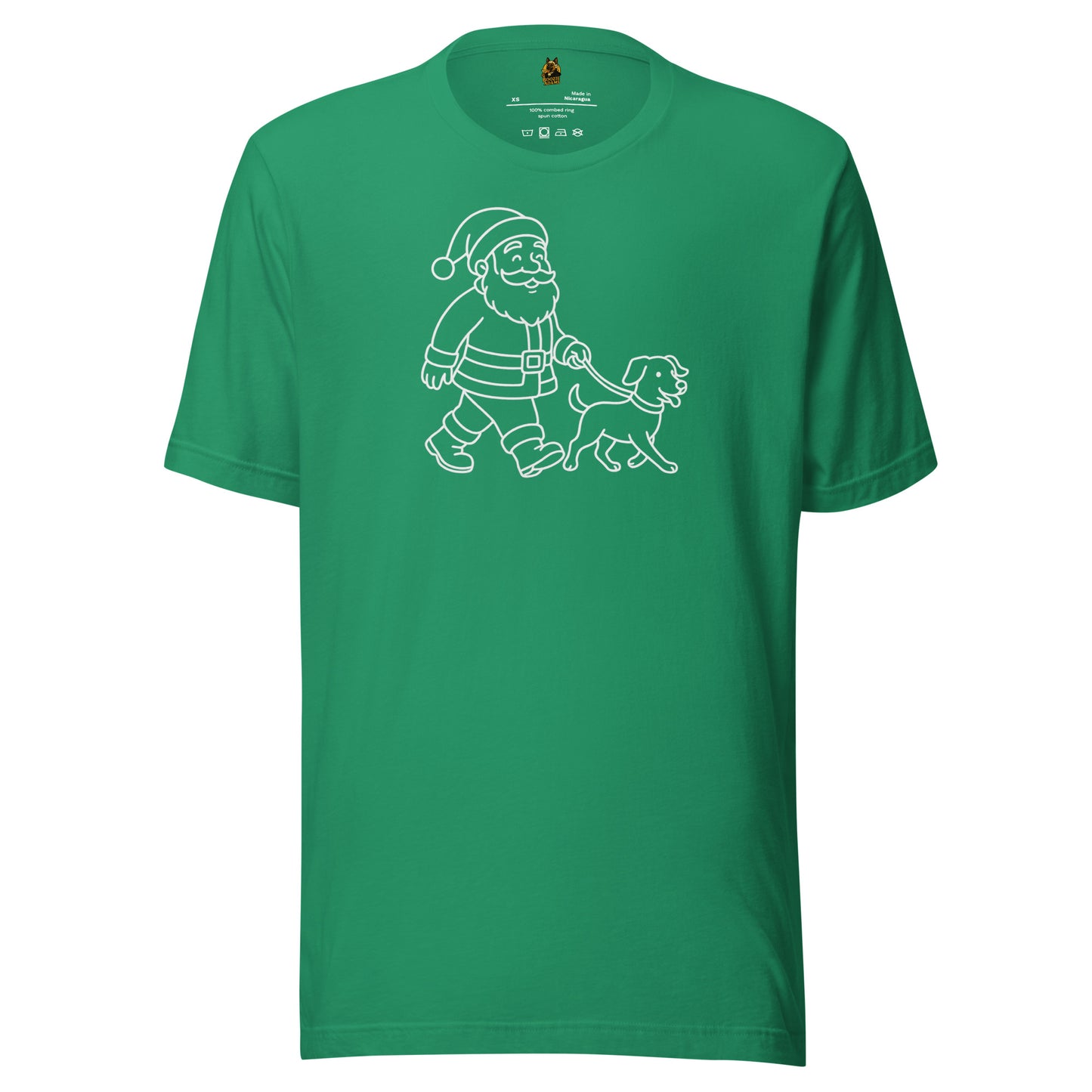 Kelly green unisex t-shirt with a white graphic of Santa Claus walking a dog – Boozie Adams
