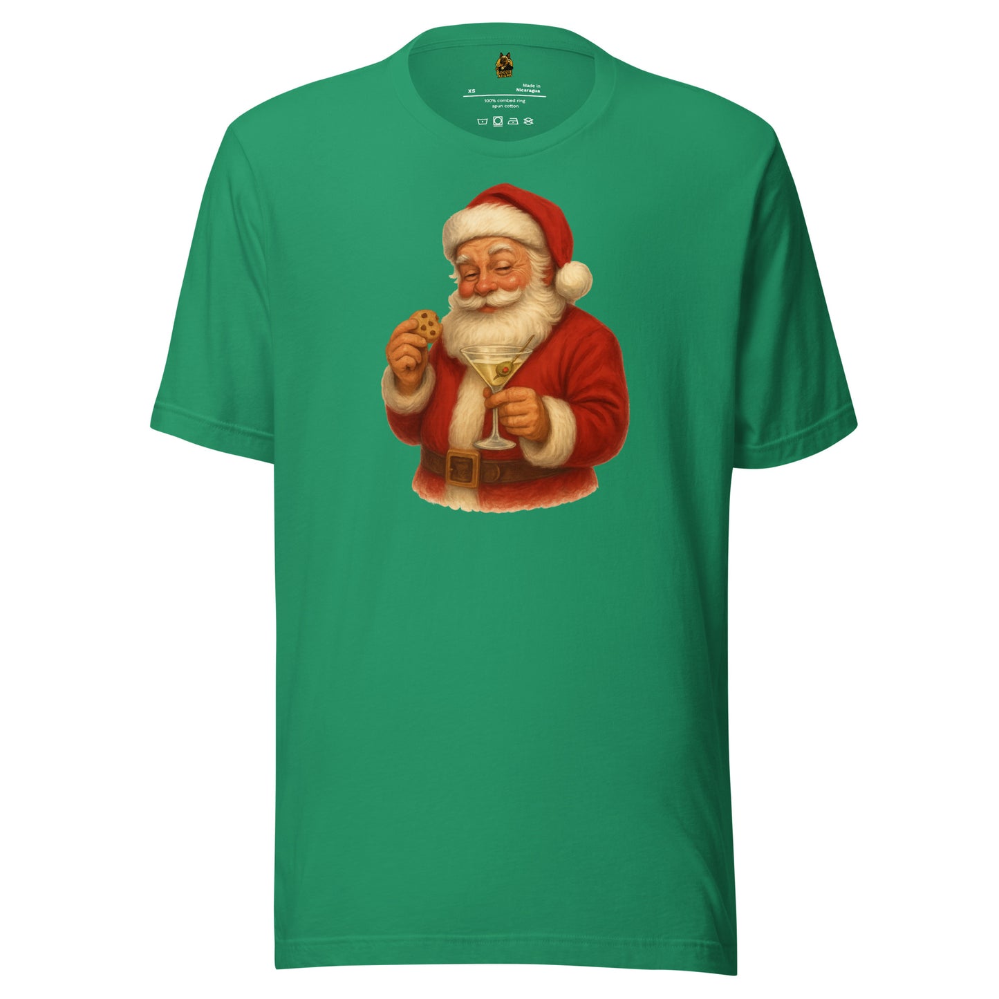 Green unisex t-shirt with a graphic of Santa Claus holding a martini glass and eating a cookie – Boozie Adams