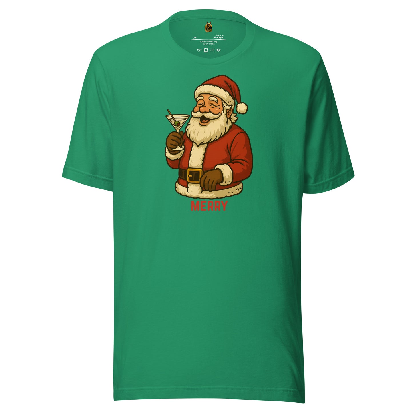 Kelly green unisex t-shirt with a graphic of Santa Claus holding a martini glass and the word 'MERRY' – Boozie Adams