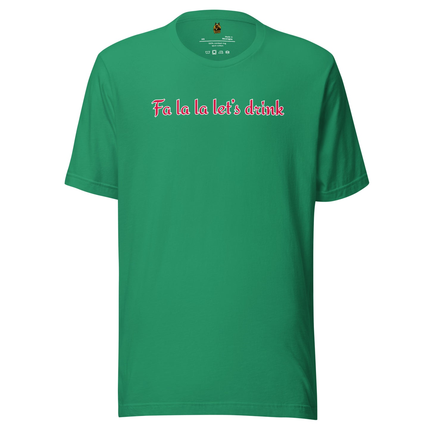 Kelly green t-shirt with red text 'Fa la la let's drink' – Boozie Adams