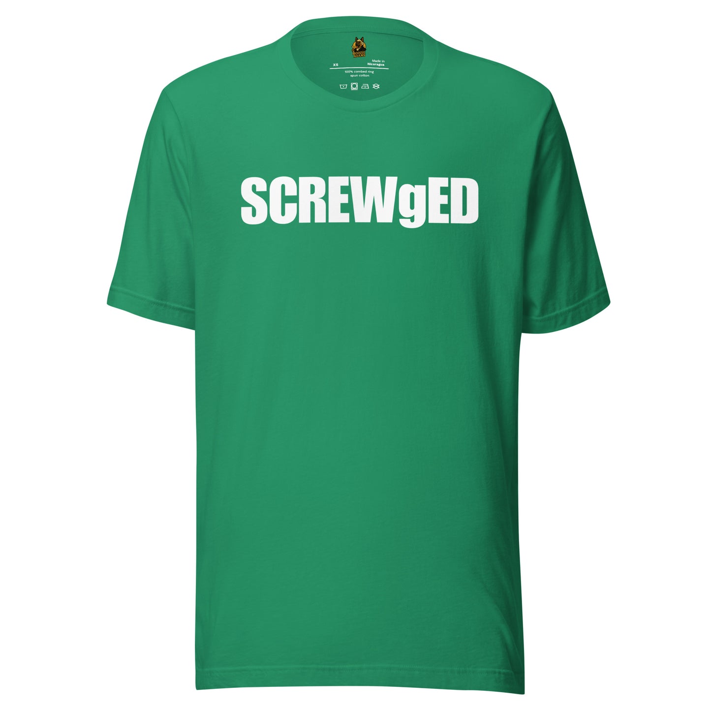 Kelly green unisex t-shirt with 'SCREWgED' text in white – Boozie Adams