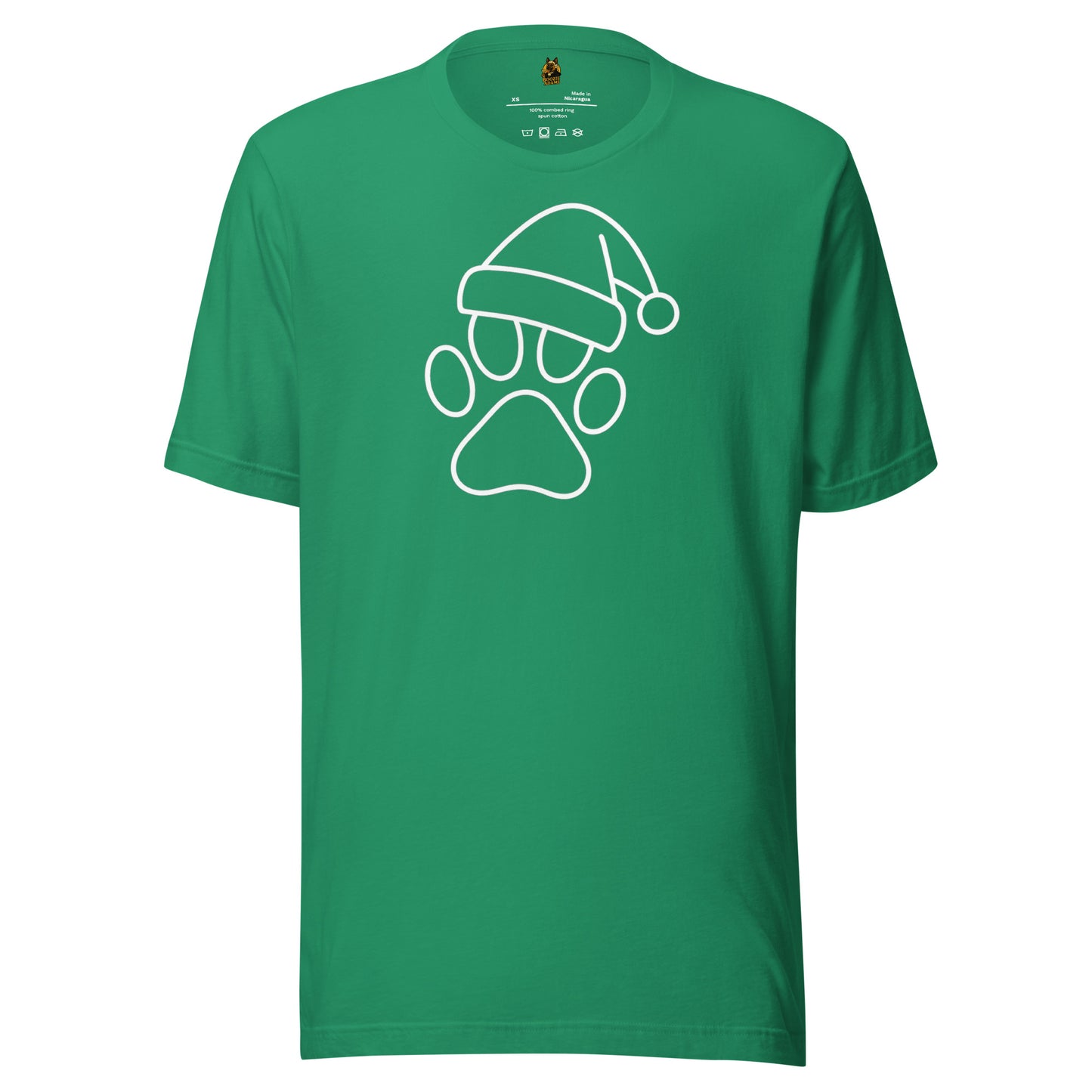 Kelly green unisex t-shirt with a white paw print wearing a Santa hat in white – Boozie Adams
