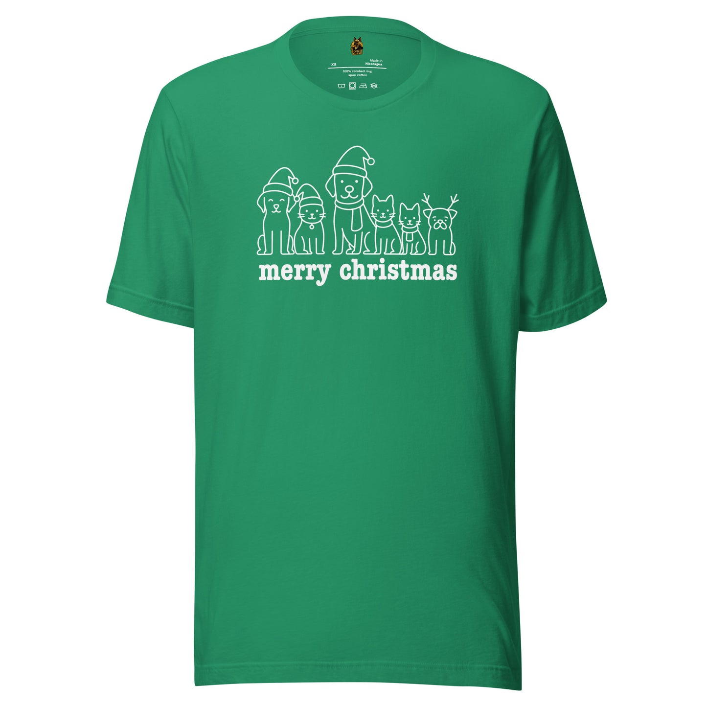 Green unisex t-shirt with cat & dog Christmas-themed design and 'merry christmas' text – Boozie Adams