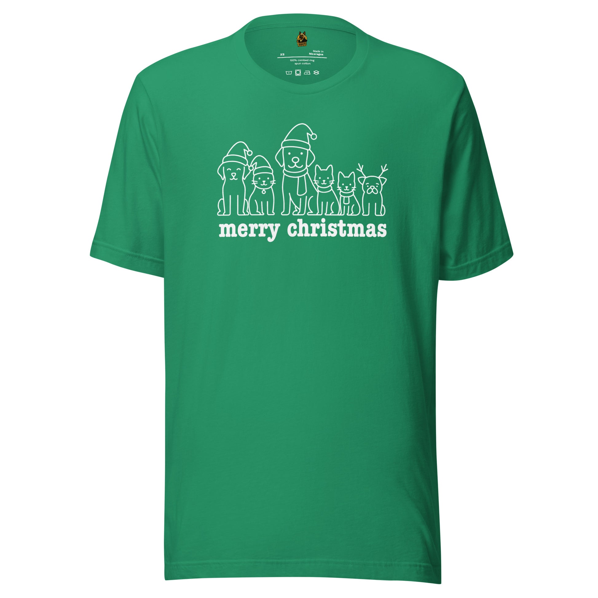 Green unisex t-shirt with cat & dog Christmas-themed design and 'merry christmas' text – Boozie Adams