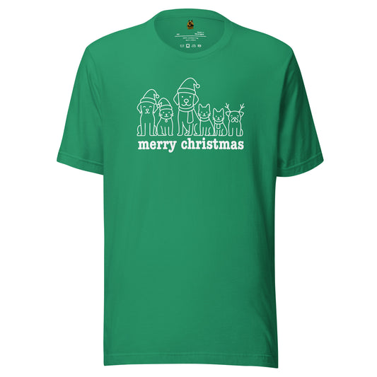 Green unisex t-shirt with cat & dog Christmas-themed design and 'merry christmas' text – Boozie Adams