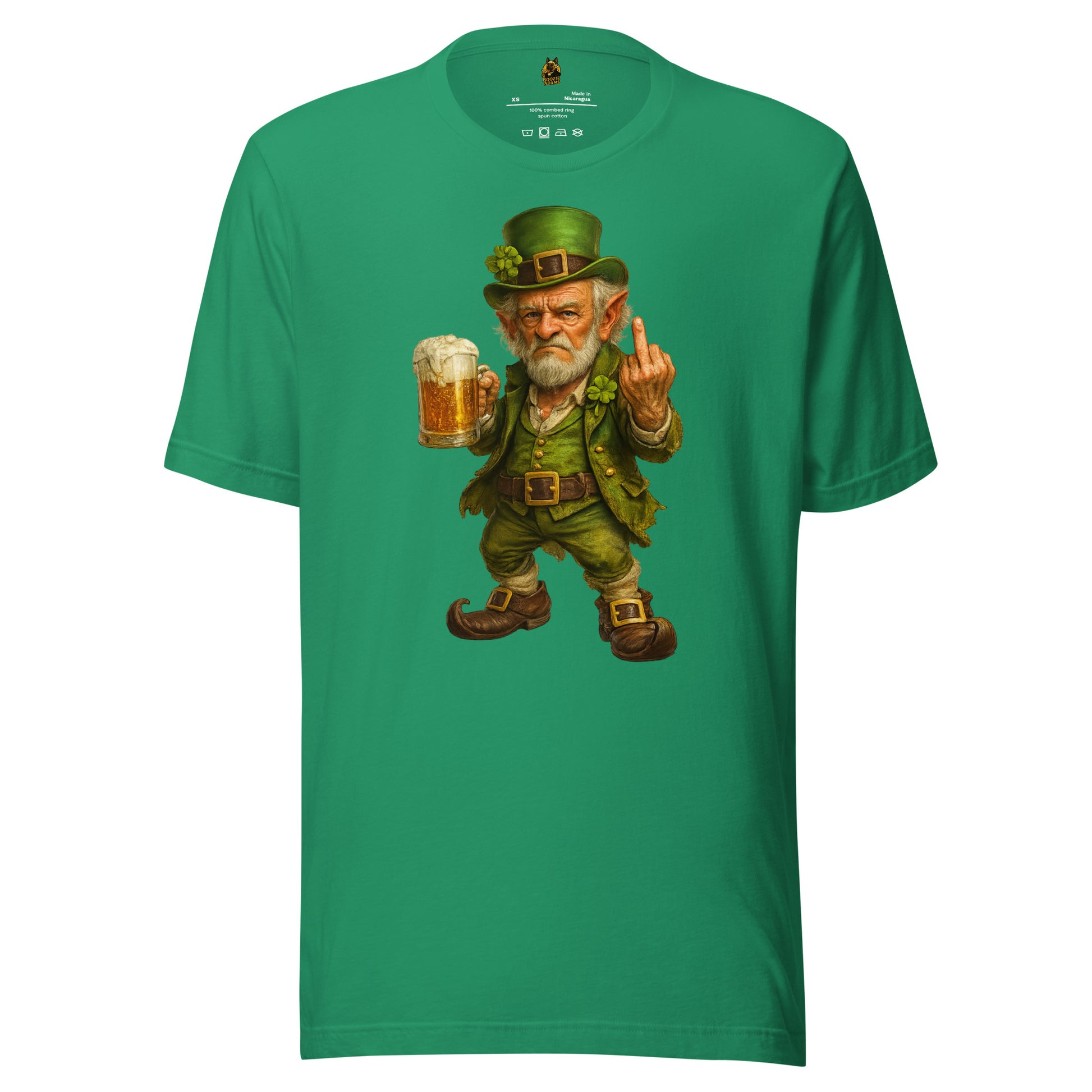Kelly Green unisex t-shirt with a graphic of a leprechaun holding a beer mug and giving a middle finger – Boozie Adams