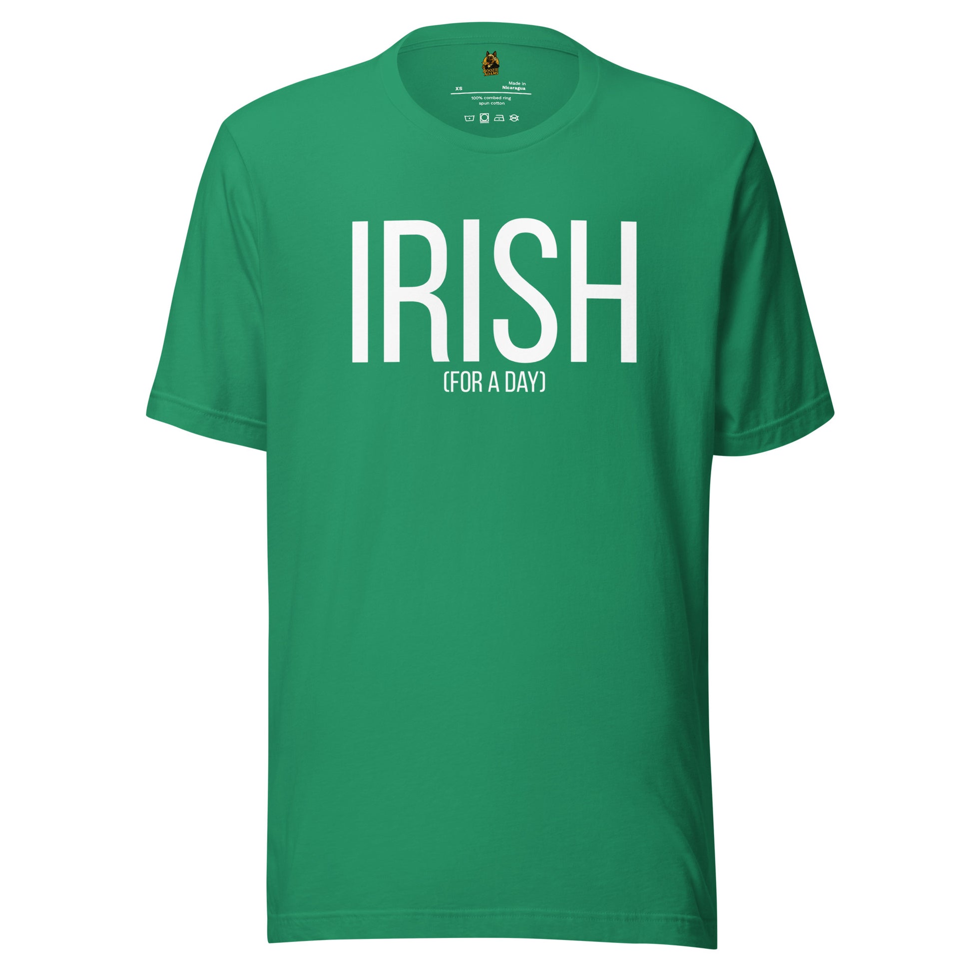 Kelly Green unisex t-shirt with 'IRISH (FOR A DAY)' text in white  – Boozie Adams