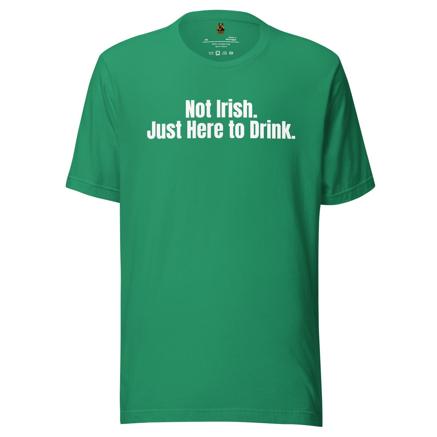 Kelly Green unisex t-shirt with white text 'Not Irish. Just Here to Drink.' – Boozie Adams