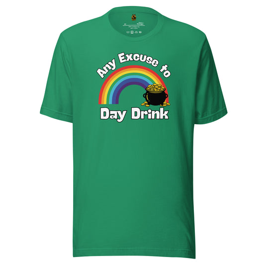 Green unisex t-shirt with rainbow, pot of gold, and text 'Any Excuse to Day Drink' – Boozie Adams