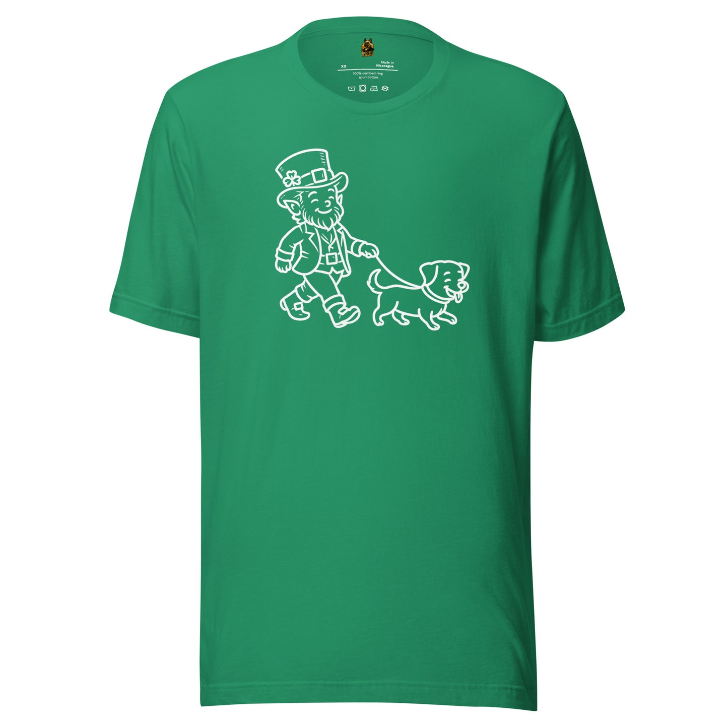 Green unisex t-shirt with white graphic of a leprechaun and dog – Boozie Adams
