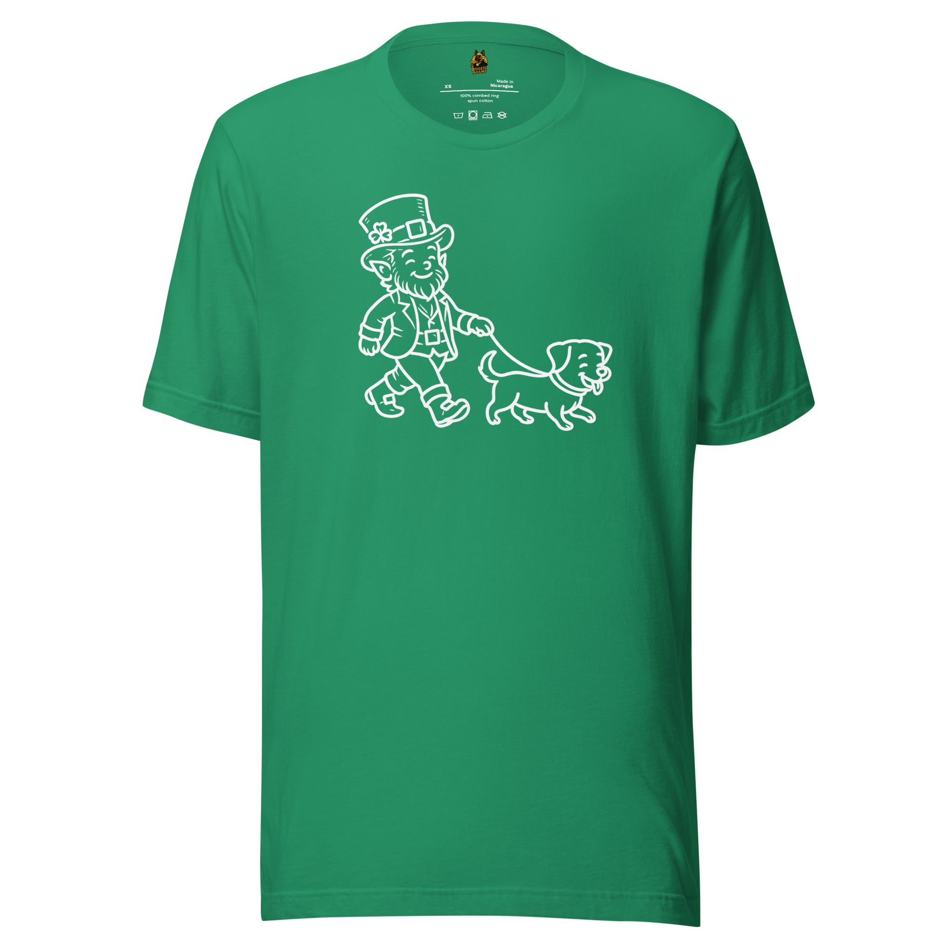 Green unisex t-shirt with white graphic of a leprechaun and dog – Boozie Adams