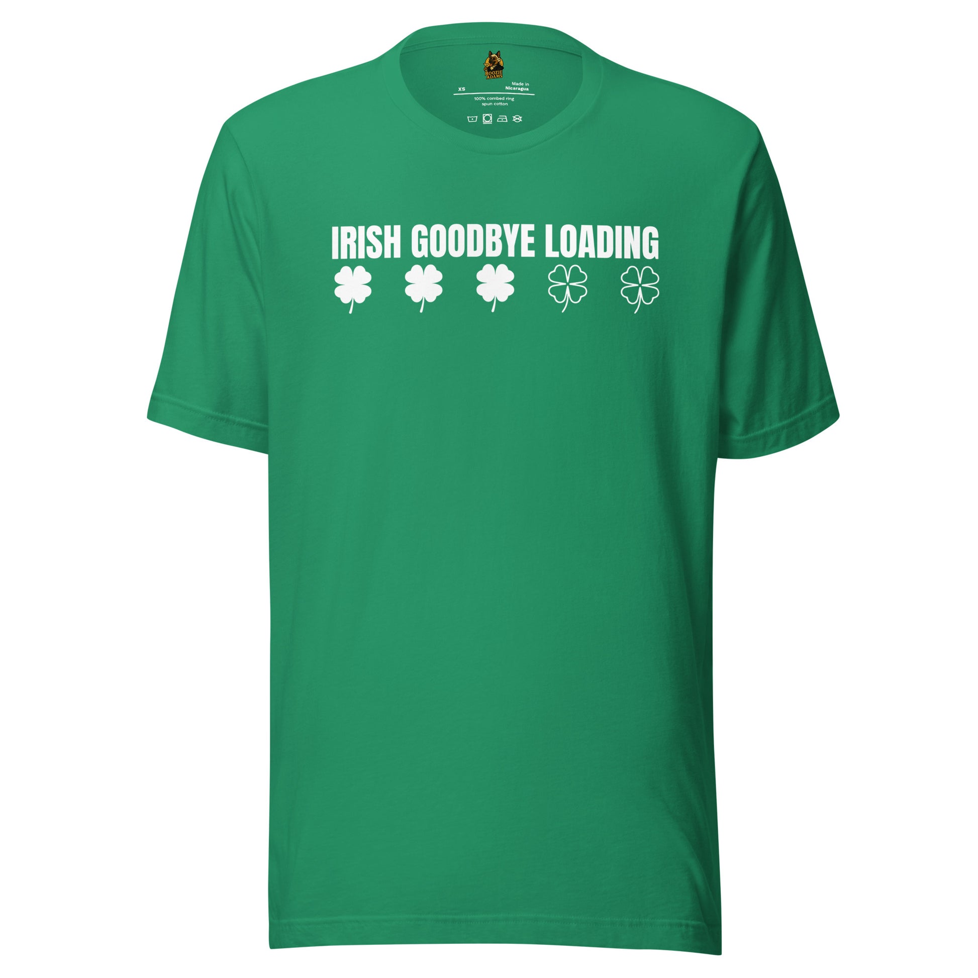 Green unisex t-shirt with 'Irish Goodbye Loading' text and shamrock graphics – Boozie Adams