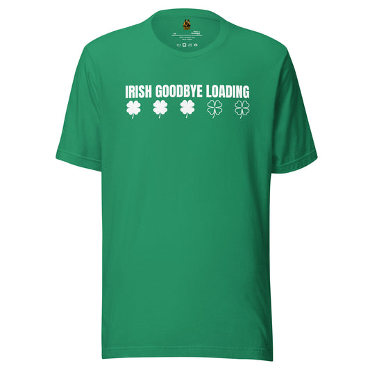 Green unisex t-shirt with 'Irish Goodbye Loading' text and shamrock graphics – Boozie Adams