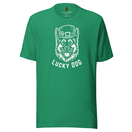 Green unisex t-shirt with a graphic of a dog wearing a leprechaun hat and the text 'Lucky Dog' – Boozie Adams