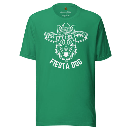 Green unisex t-shirt with a white graphic of a dog wearing a sombrero and the text 'Fiesta Dog' – Boozie Adams