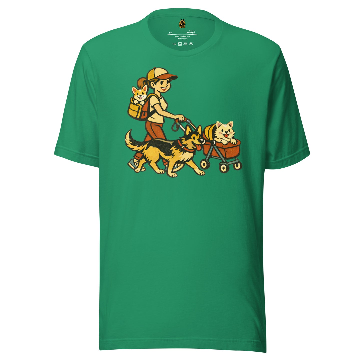Green unisex t-shirt with a graphic of a woman walking two dogs, one in a cart – Boozie Adams