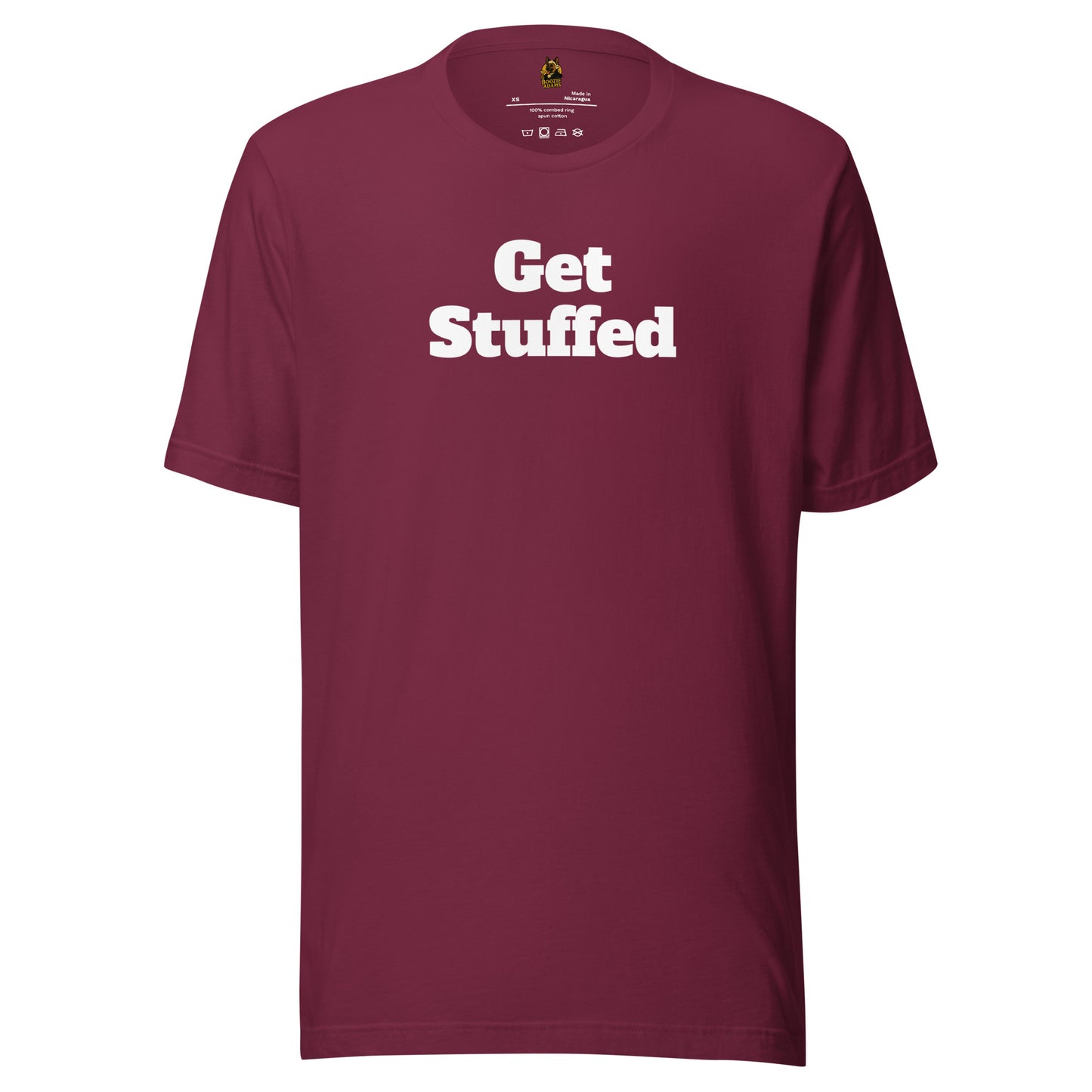 Maroon unisex tee with white 'Get Stuffed' text – Boozie Adams