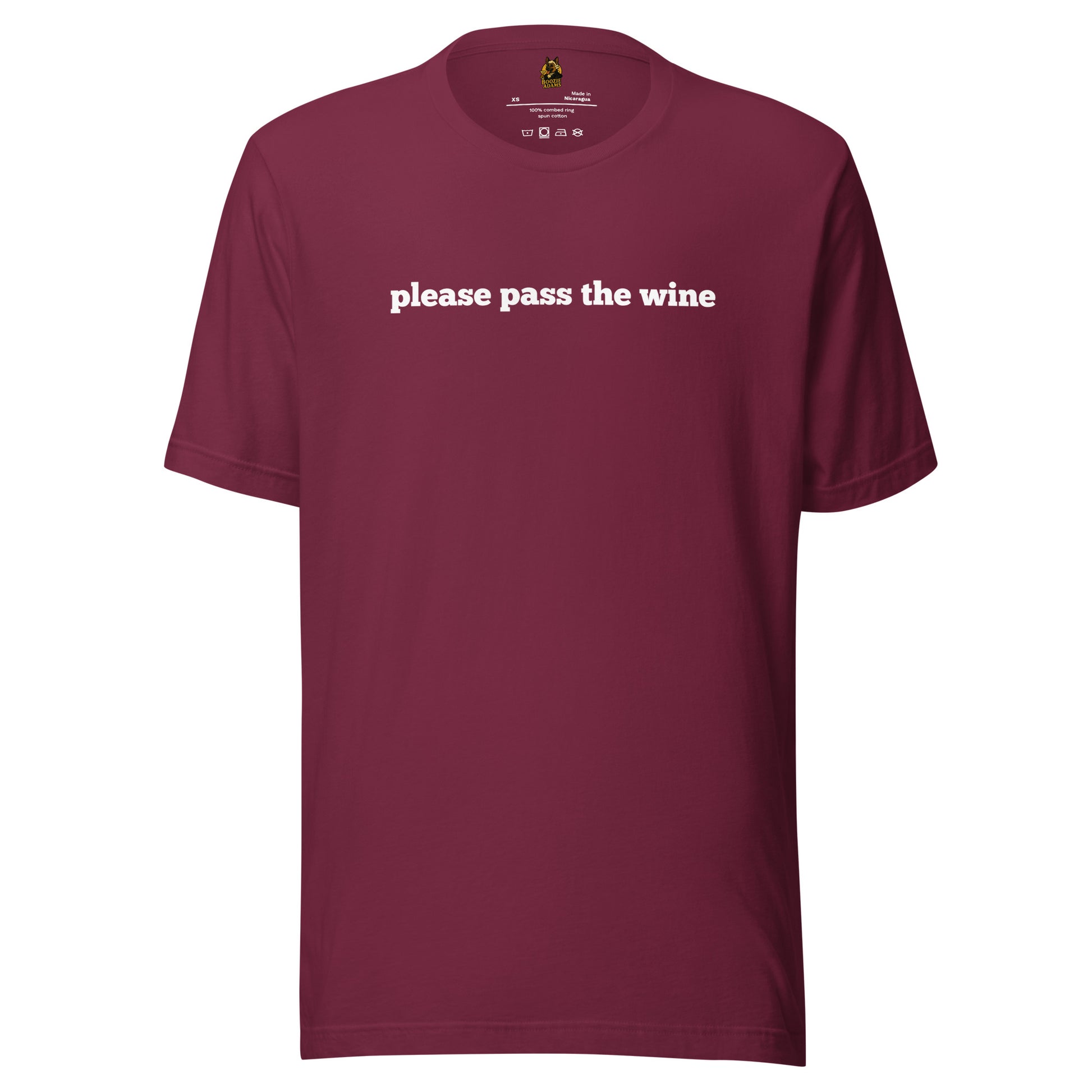 Maroon unisex t-shirt with 'please pass the wine' white text – Boozie Adams
