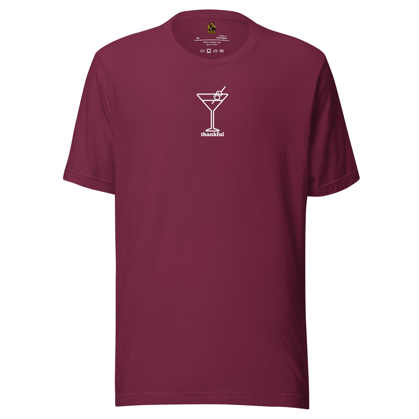 Maroon unisex t-shirt with a cocktail graphic and 'thankful' text in white – Boozie Adams