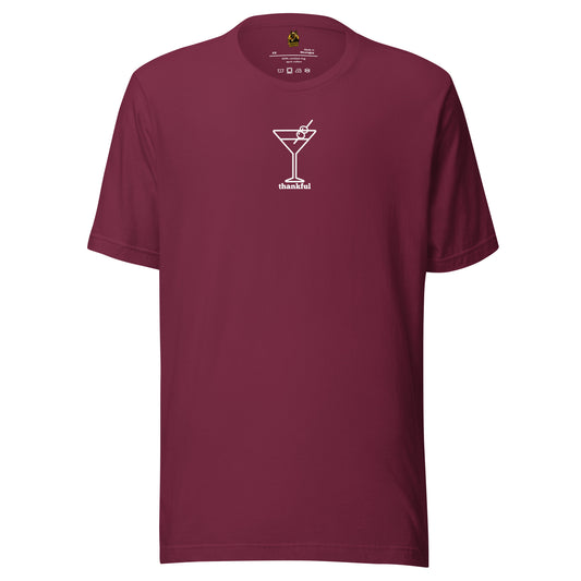 Maroon unisex t-shirt with a cocktail graphic and 'thankful' text in white – Boozie Adams