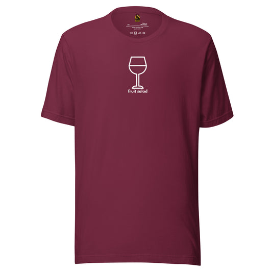 Maroon unisex t-shirt with a white wine glass graphic and 'fruit salad' text – Boozie Adams
