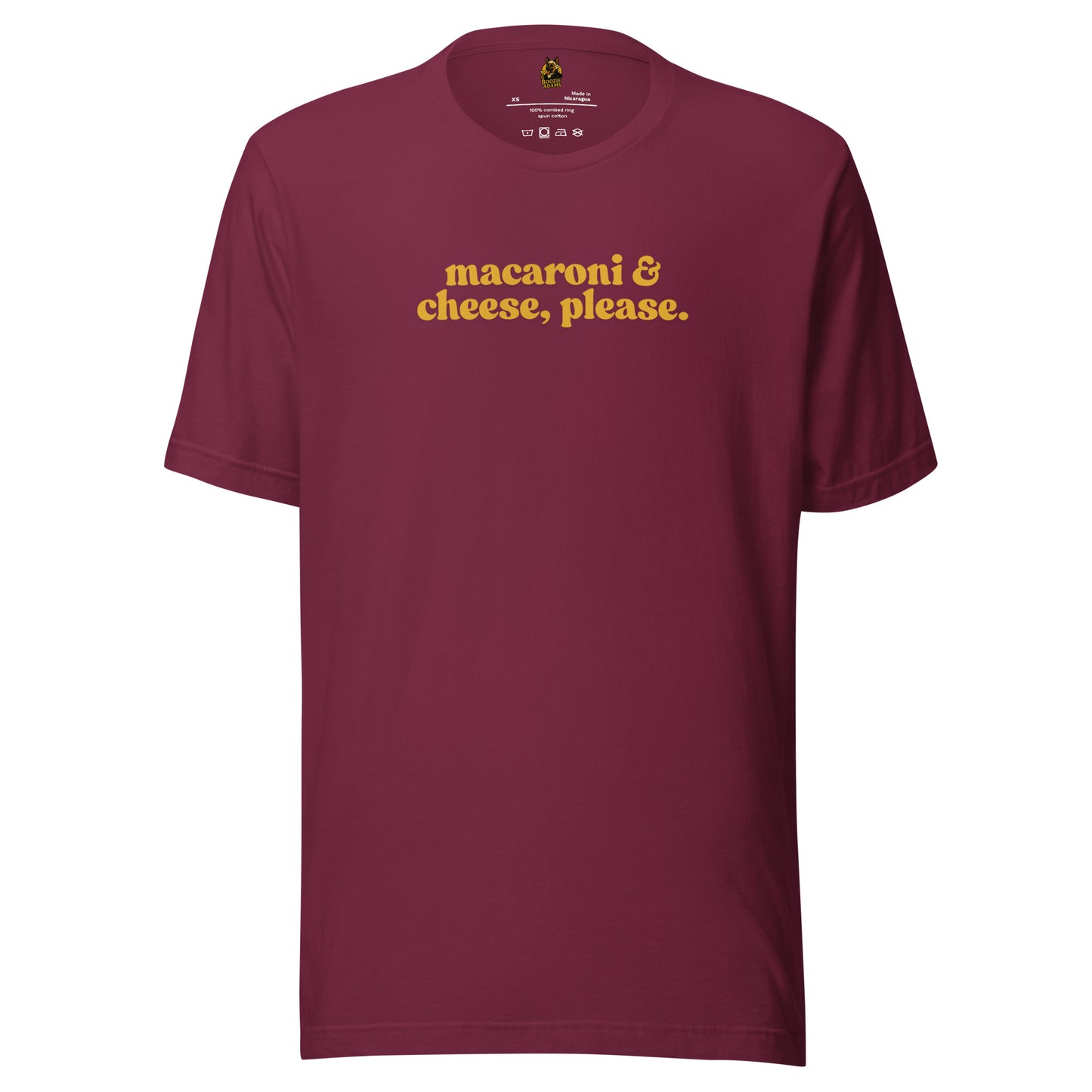 Maroon unisex t-shirt with 'macaroni & cheese, please.' text in yellow – Boozie Adams