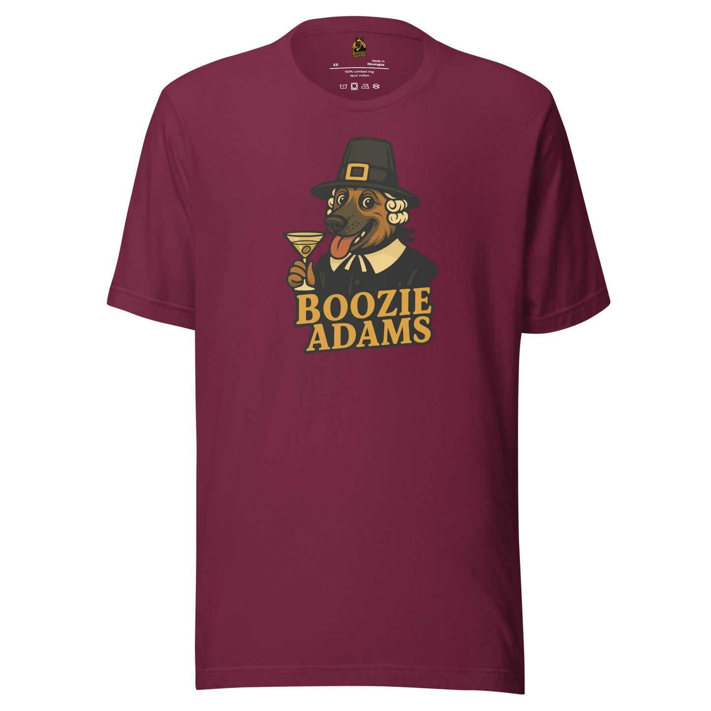 Maroon unisex t-shirt with a graphic of a dog in a pilgrim outfit holding a martini glass and the text 'Boozie Adams' – Boozie Adams
