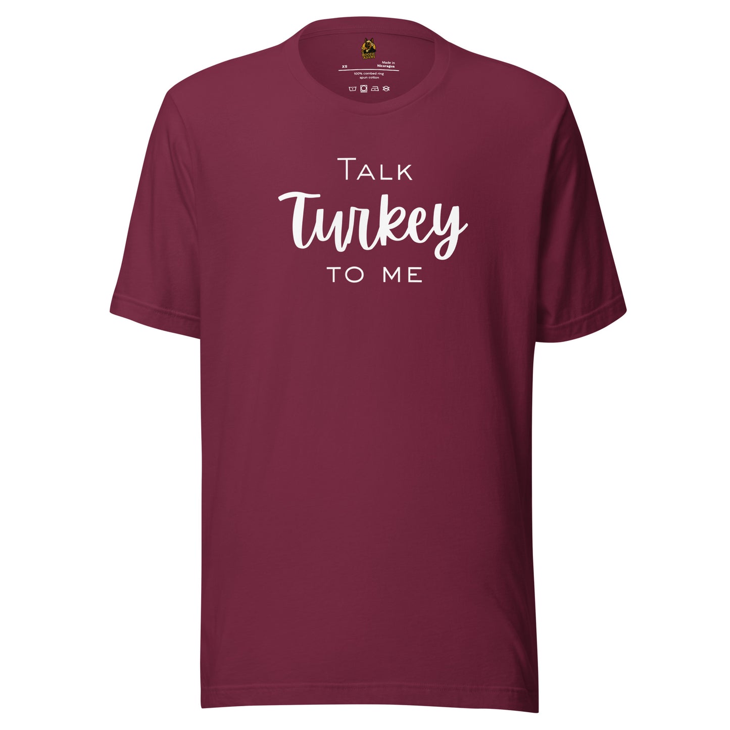 Maroon unisex t-shirt with 'Talk Turkey To Me' white text – Boozie Adams