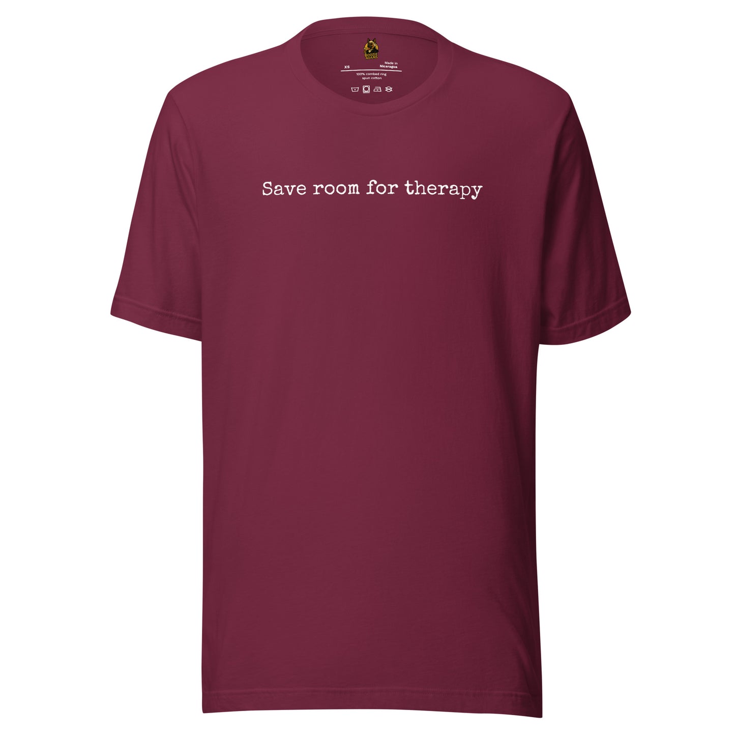 Maroon unisex t-shirt with 'Save room for therapy' white text – Boozie Adams