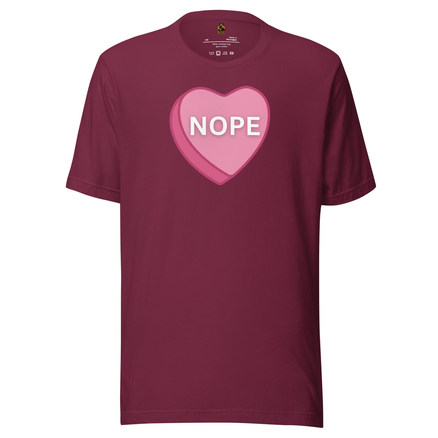 Maroon unisex t-shirt with a pink heart and 'NOPE' text – Boozie Adams