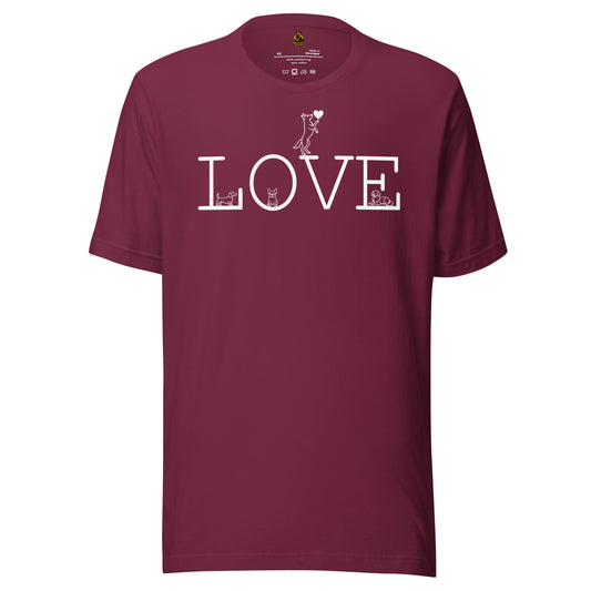 Maroon unisex t-shirt with 'LOVE' text with dogs – Boozie Adams