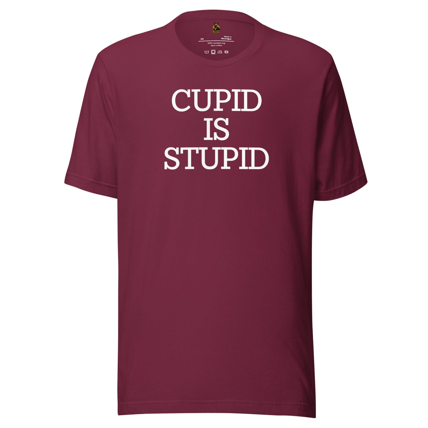 Maroon unisex t-shirt with 'CUPID IS STUPID' text – Boozie Adams